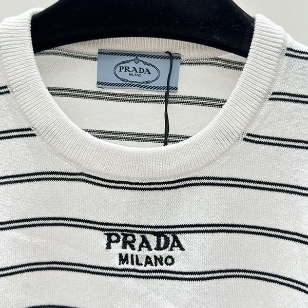 絶対欲しい！プラダ リブ ニット 半袖 Tシャツ 偽物ブラック&ホワイト pux66985